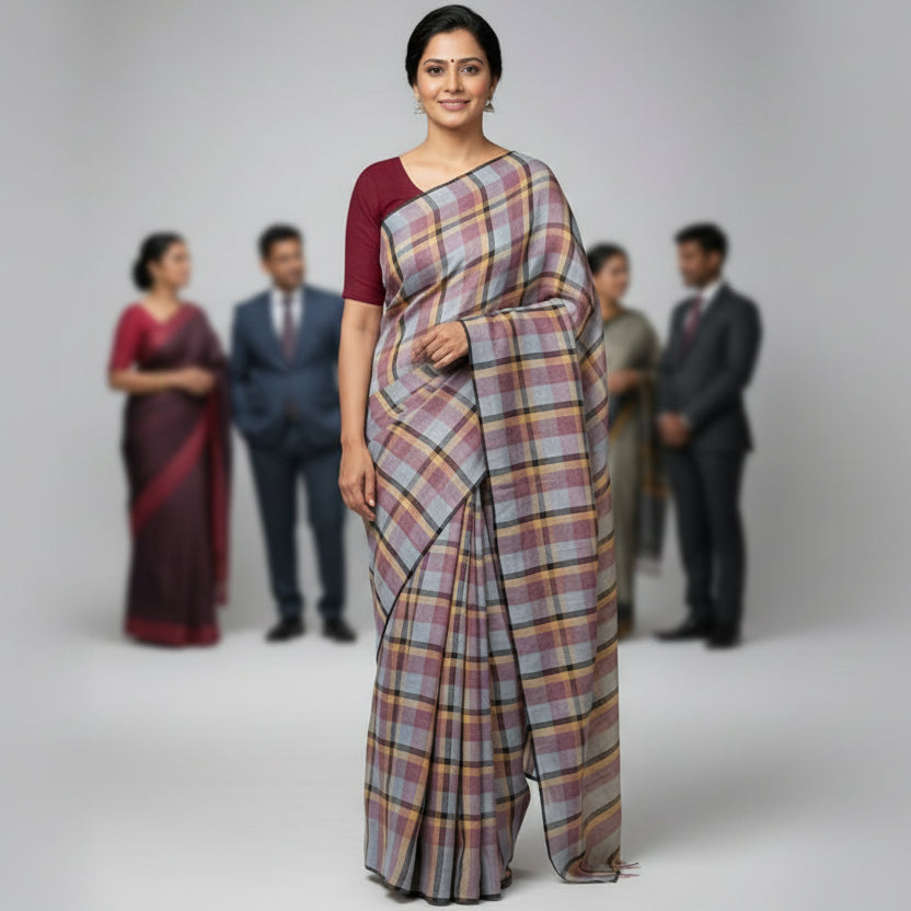 Linen Multicolour Chequered Handloom Saree