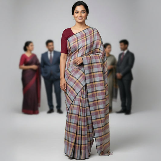 Linen Multicolour Chequered Handloom Saree