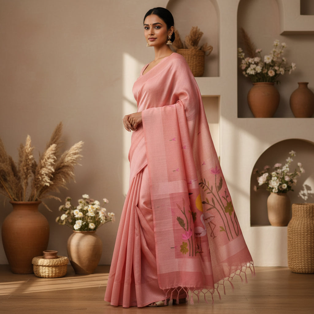 peach silk linen saree with pure muslin pallu.