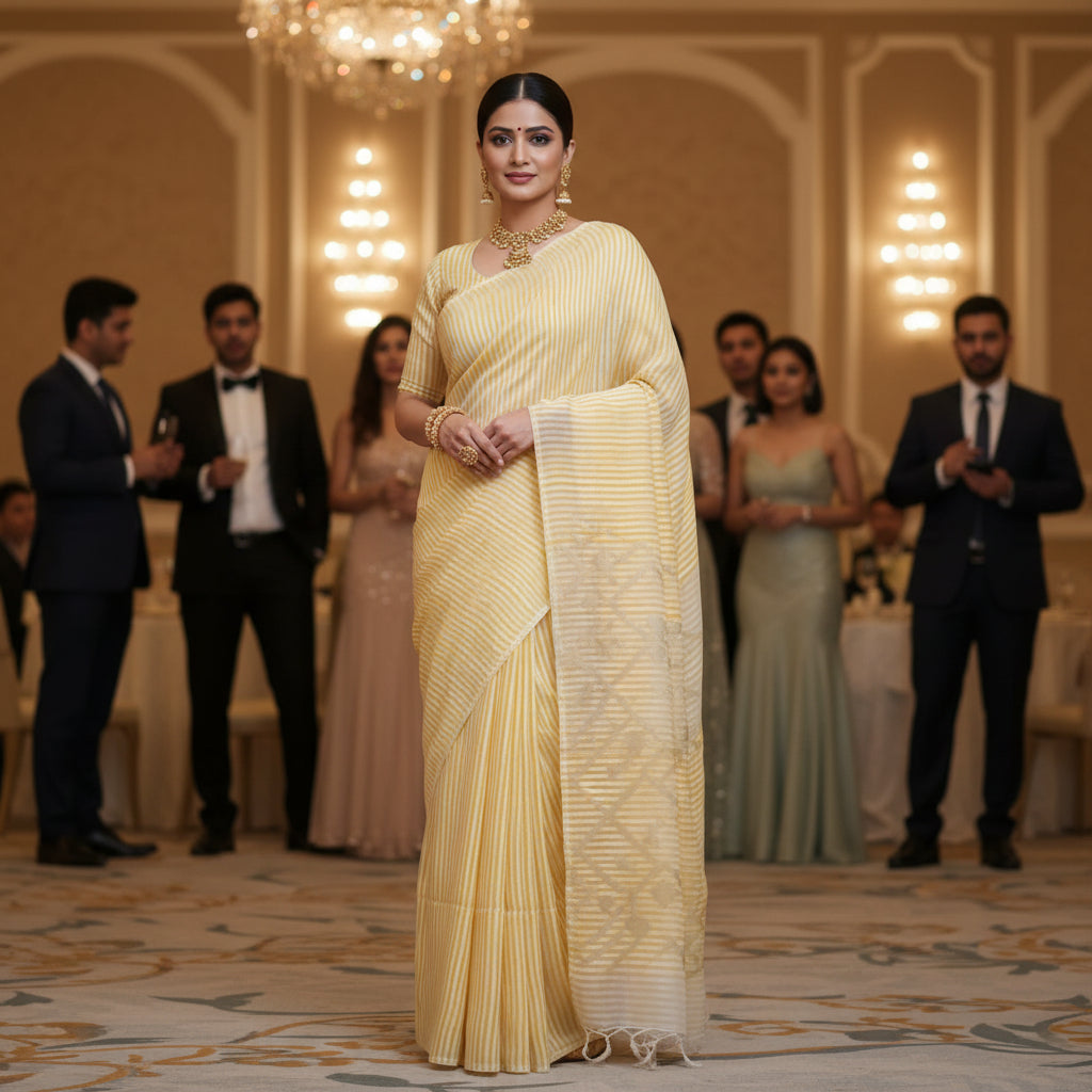Handwoven yellow and white striped silk linen saree with pure muslin palla with intricate jamdani work. Perfect for special occasions and celebrations. 