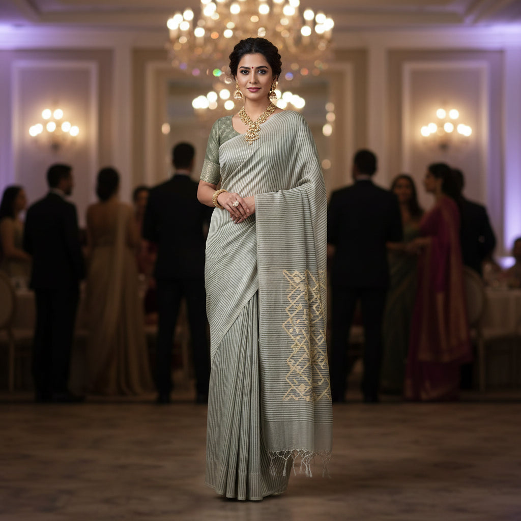 Handloom pure silk linen saree in vertical stripes.  Perfect for festivals, weddings, and special occasions.
