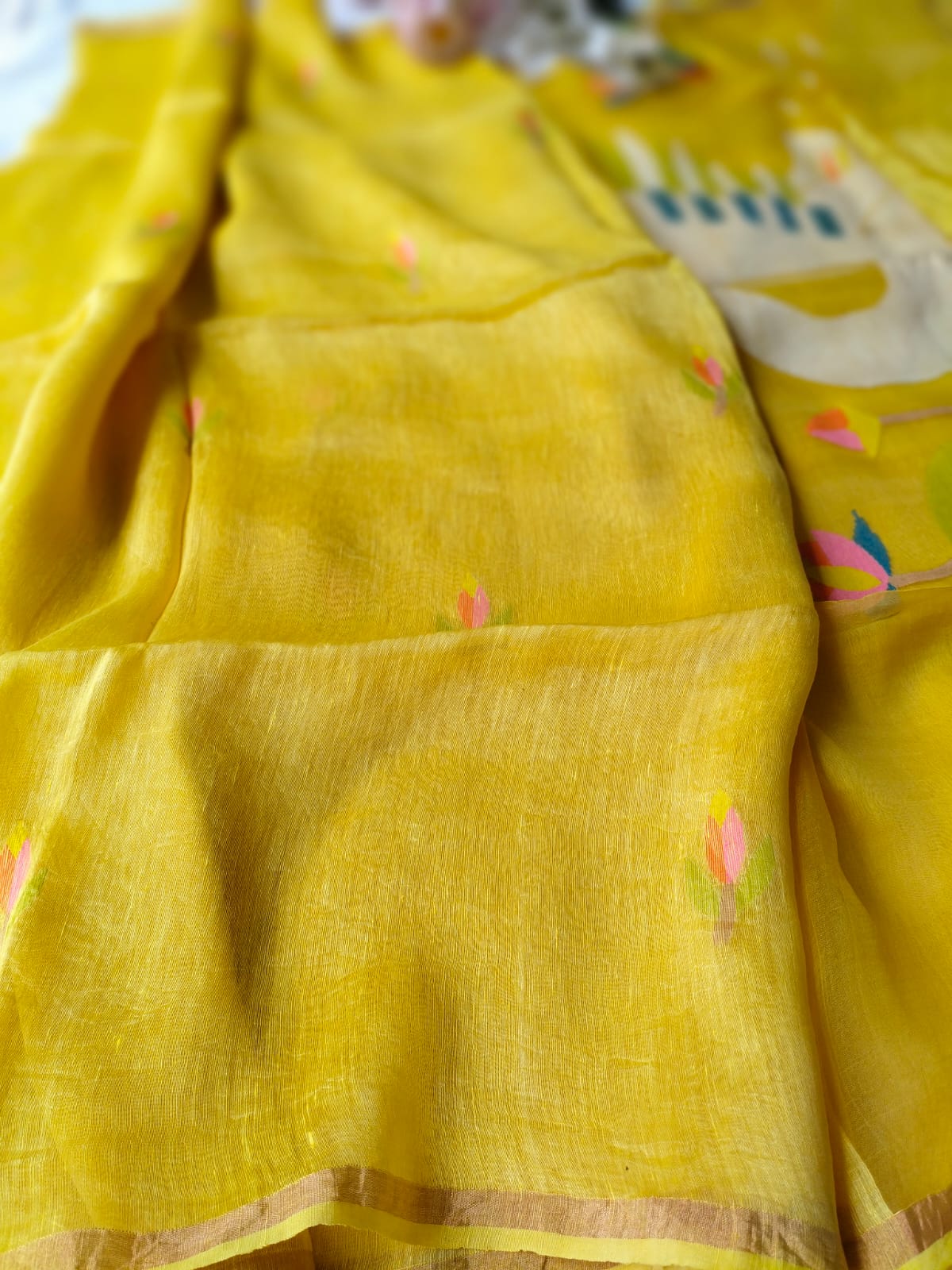 Handloom yellow silk linen saree