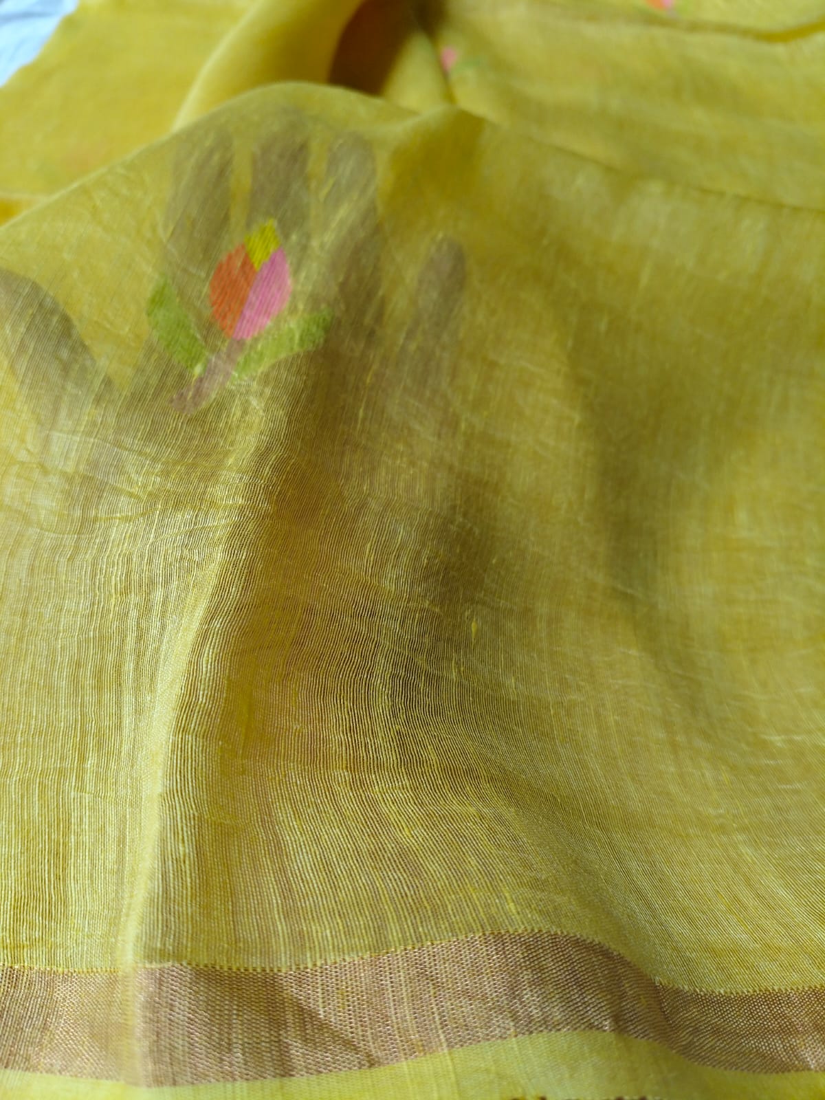 Handloom yellow silk linen saree