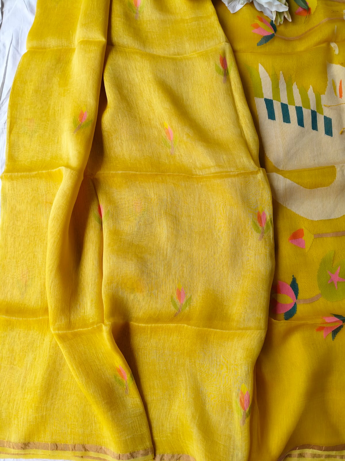 Handloom yellow silk linen saree