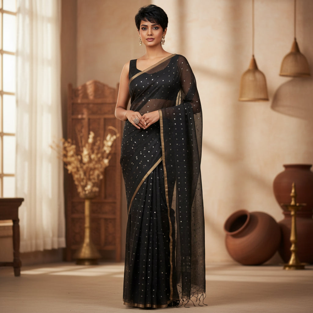 Handloom pure muslin sequin saree