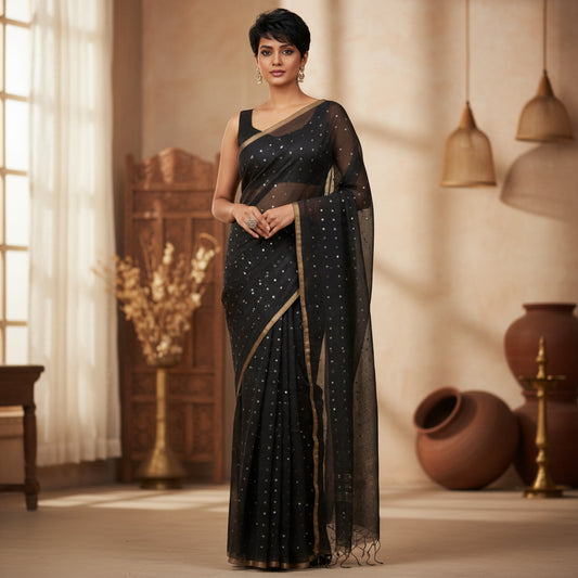 Handloom pure muslin sequin saree