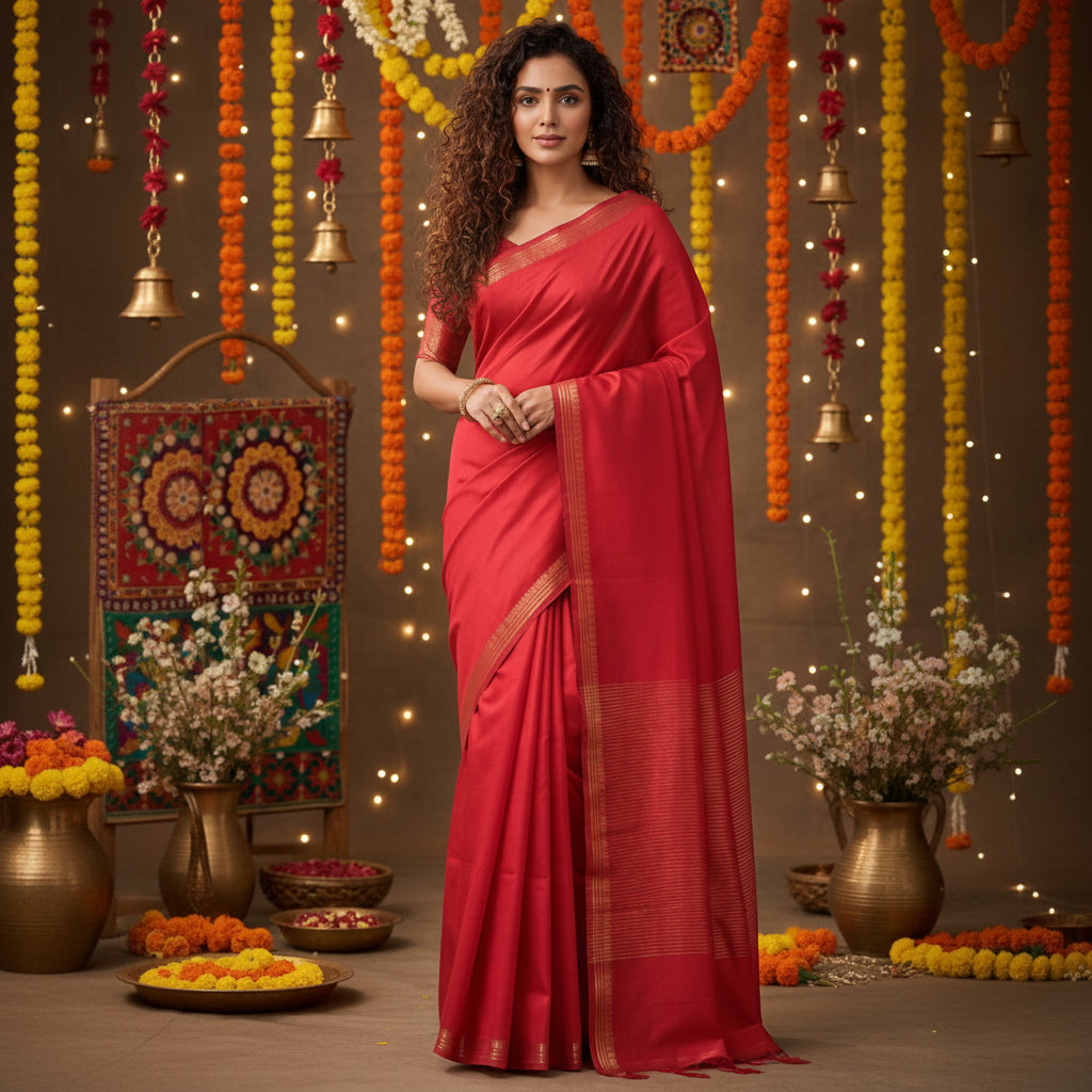 Handloom katan silk/mulberry silk plain saree with 1 inch zari border.
