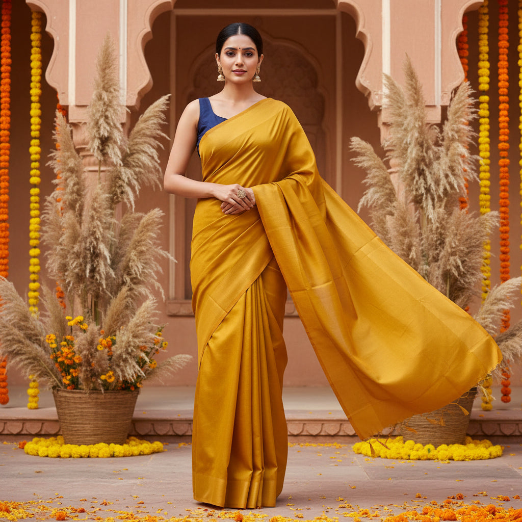 plain golden mustard yellow colour katan ilk or mulberry silk saree