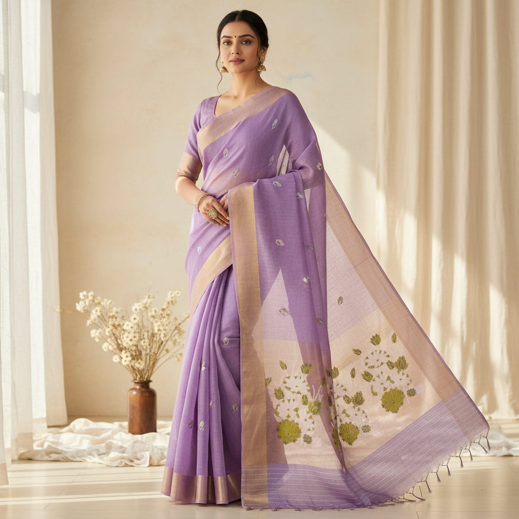 handloom tissue linen lavender saree