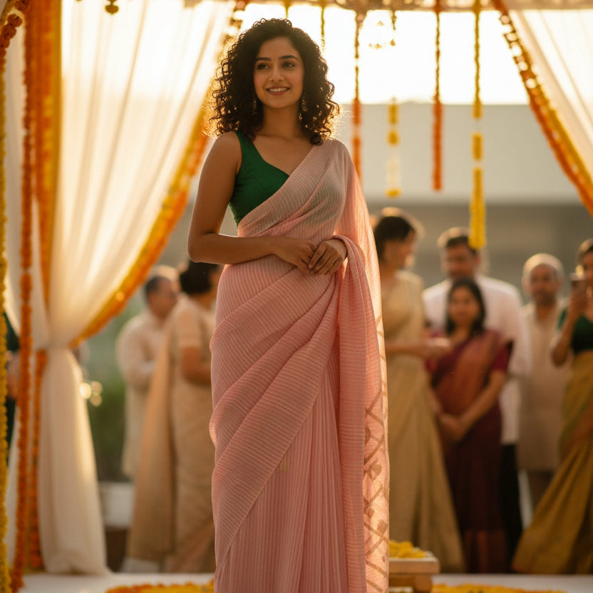 Handwoven pink and white striped silk linen saree with pure muslin palla with intricate jamdani work. Perfect for special occasions and celebrations. 