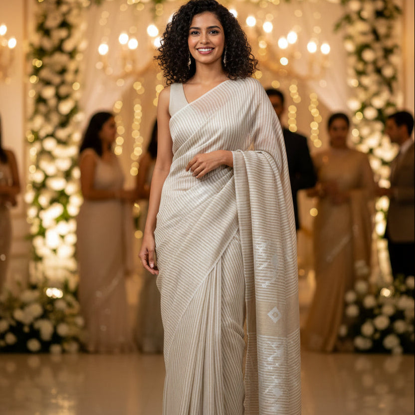 Handwoven beige and white striped silk linen saree with pure muslin palla with intricate jamdani work. Perfect for special occasions and celebrations. 