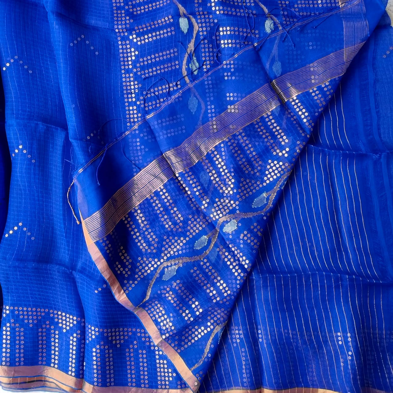 Royal blue pure muslin sequin saree