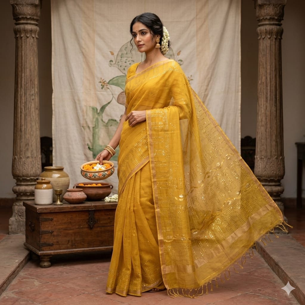 Handloom muslin sequin saree