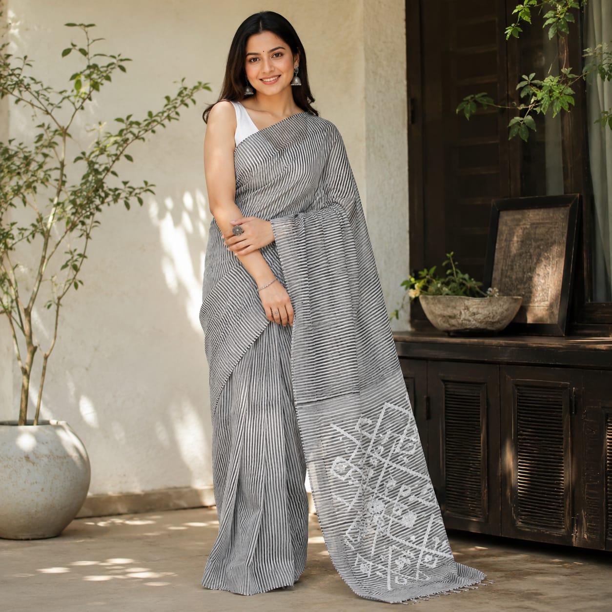 Handloom stripped striped silk linen saree with muslin pallu