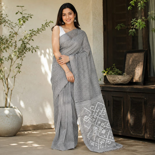 Handloom stripped striped silk linen saree with muslin pallu