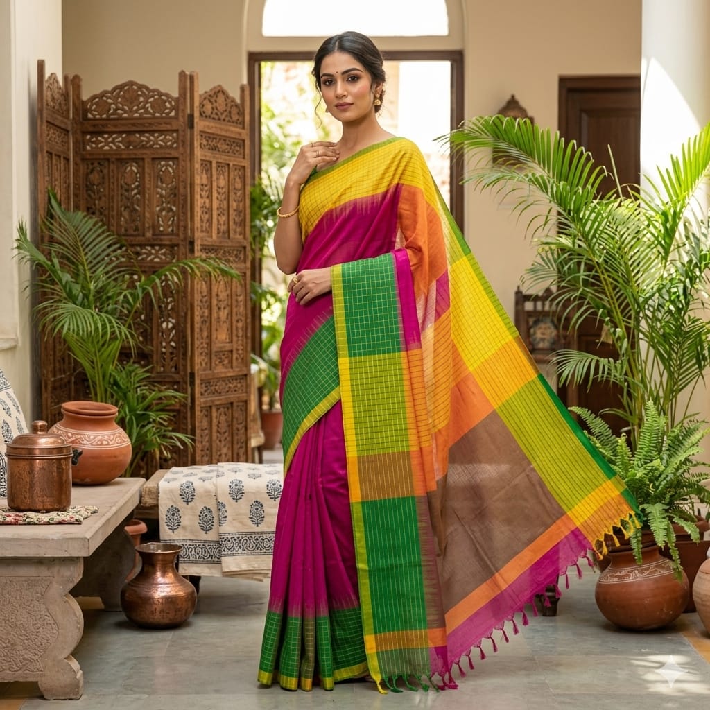 handloom cotton saree with big chequred saree
