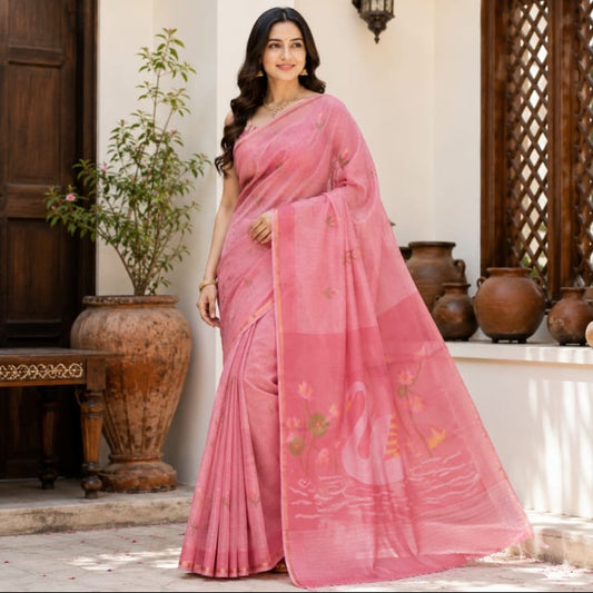 peach silk linen saree with muslin woven pallu.
