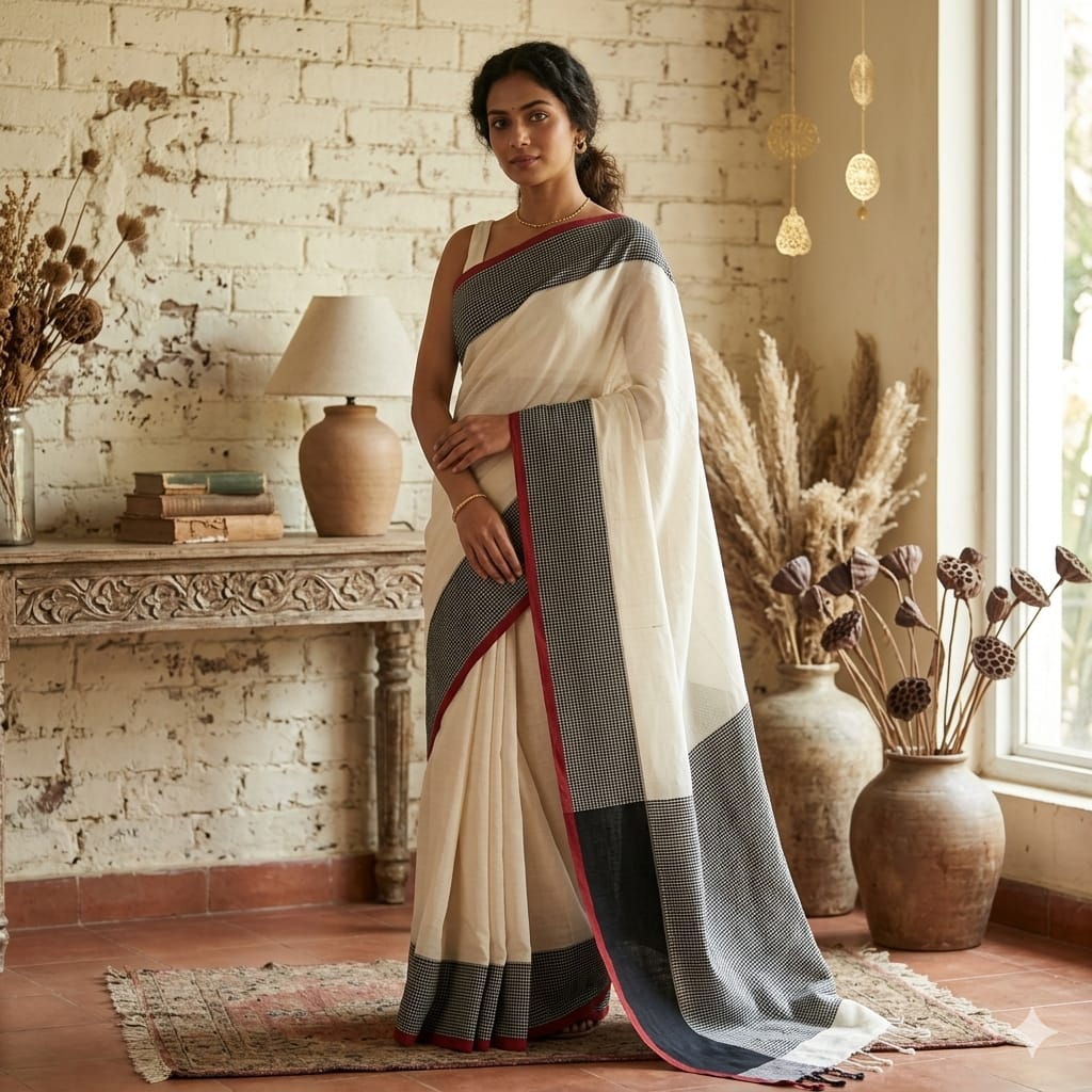 Handloom tagged ivory colour cotton. 