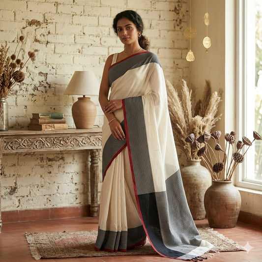 Handloom tagged ivory colour cotton. 