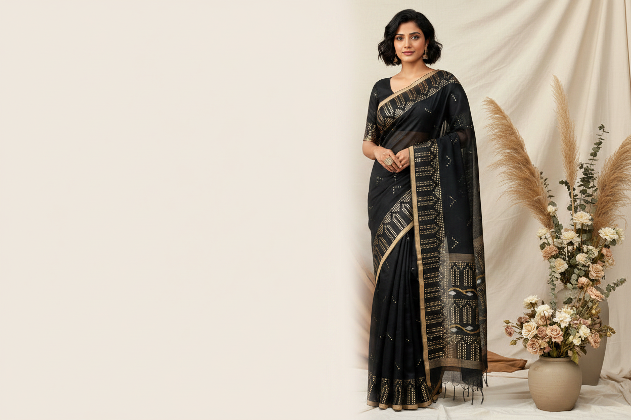 Black Muslin Sequin Saree - Model Right